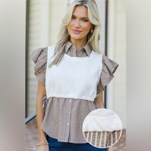 Striped Ruffle Sleeve Blouse - Brown and White